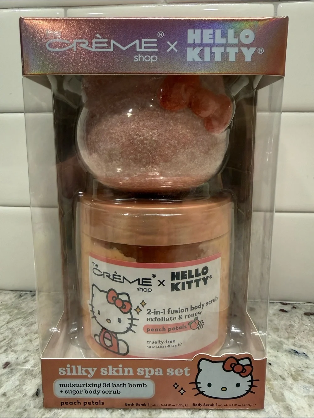 Hello Kitty Peach Bath Scrub & Cute Kitty Bath Bomb - Gift Set Peach - New!